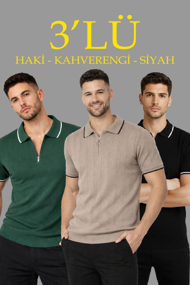 Erkek Triko Tişört Fermuarlı Polo Yaka Kısa Kol T-Shirt 3’lü Set Siyah-Kahve-Haki