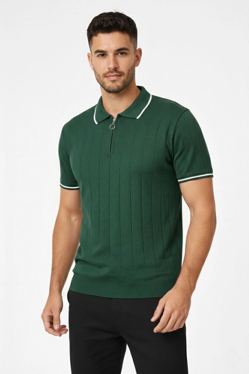 Erkek Triko Tişört Fermuarlı Polo Yaka Kısa Kol T-Shirt 3’lü Set Beyaz-Haki-Siyah