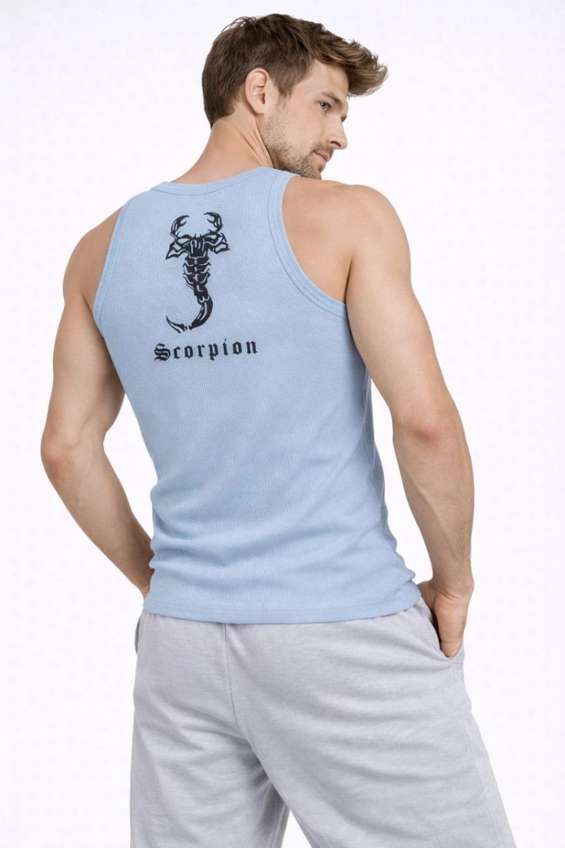 Erkek Fitilli Atlet Sıfır Yaka Slim Fit Arka Baskılı Spor Atlet - Bebek Mavisi