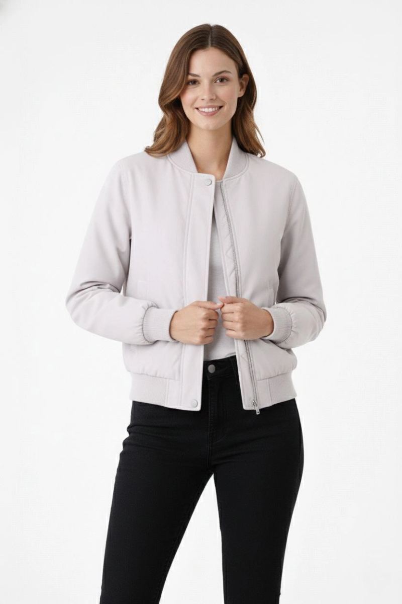 Kadın Premium Bomber Ceket Çıtçıt Kapamalı, Astarlı, Regular Fit Mont - Beyaz
