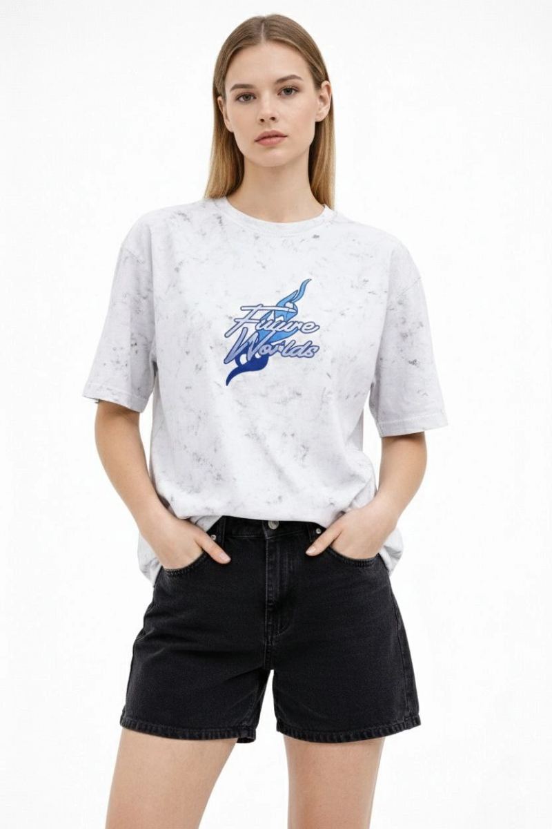 Kadın Asit Yıkamalı Oversize Tişört Bisiklet Yaka Kısa Kol T-shirt - Beyaz