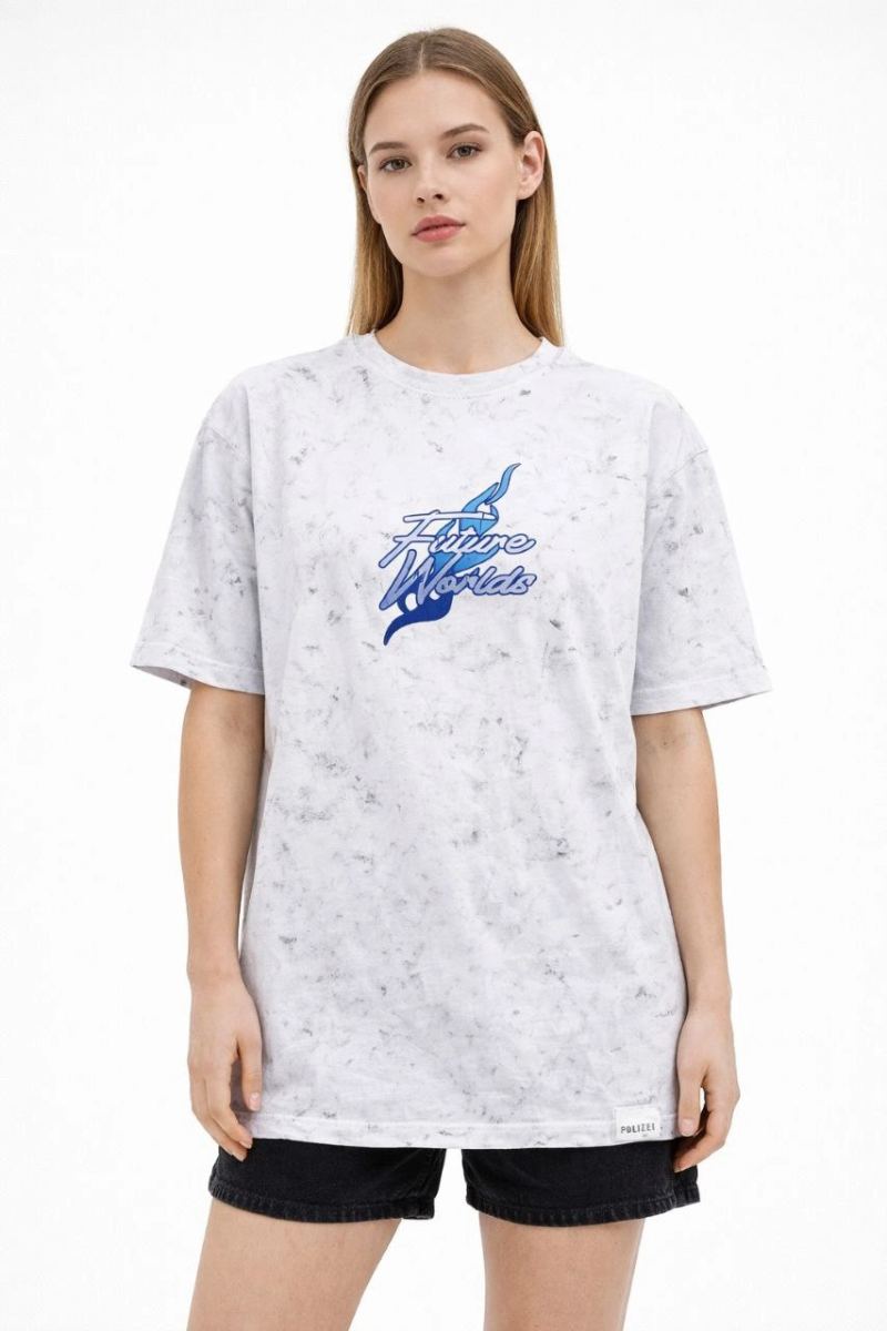 Kadın Asit Yıkamalı Oversize Tişört Bisiklet Yaka Kısa Kol T-shirt - Beyaz