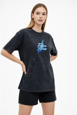 Kadın Asit Yıkamalı Oversize Tişört Bisiklet Yaka Kısa Kol T-shirt - Siyah