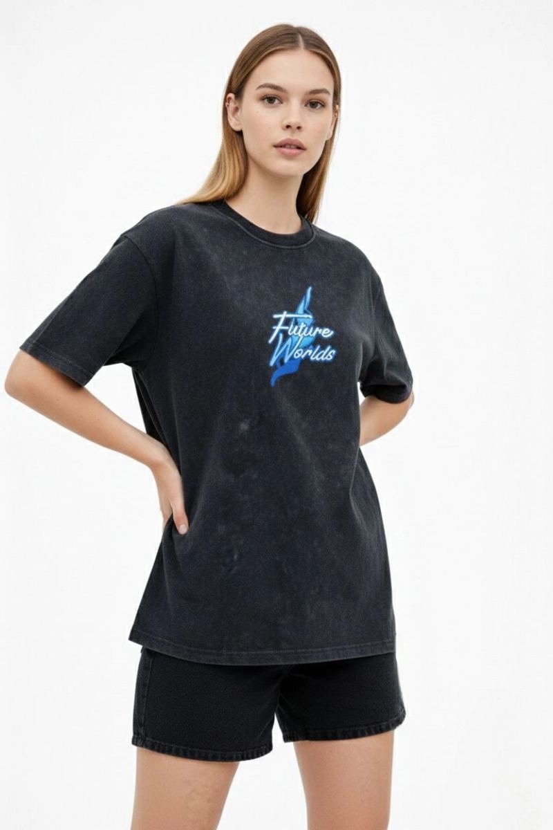 Kadın Asit Yıkamalı Oversize Tişört Bisiklet Yaka Kısa Kol T-shirt - Siyah