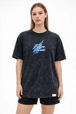 Kadın Asit Yıkamalı Oversize Tişört Bisiklet Yaka Kısa Kol T-shirt - Siyah