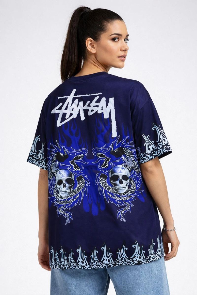 Kadın Oversize Tişört Dragon & Kuru Kafa Baskılı Bisiklet Yaka T-Shirt - Lacivert