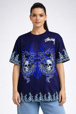 Kadın Oversize Tişört Dragon & Kuru Kafa Baskılı Bisiklet Yaka T-Shirt - Lacivert