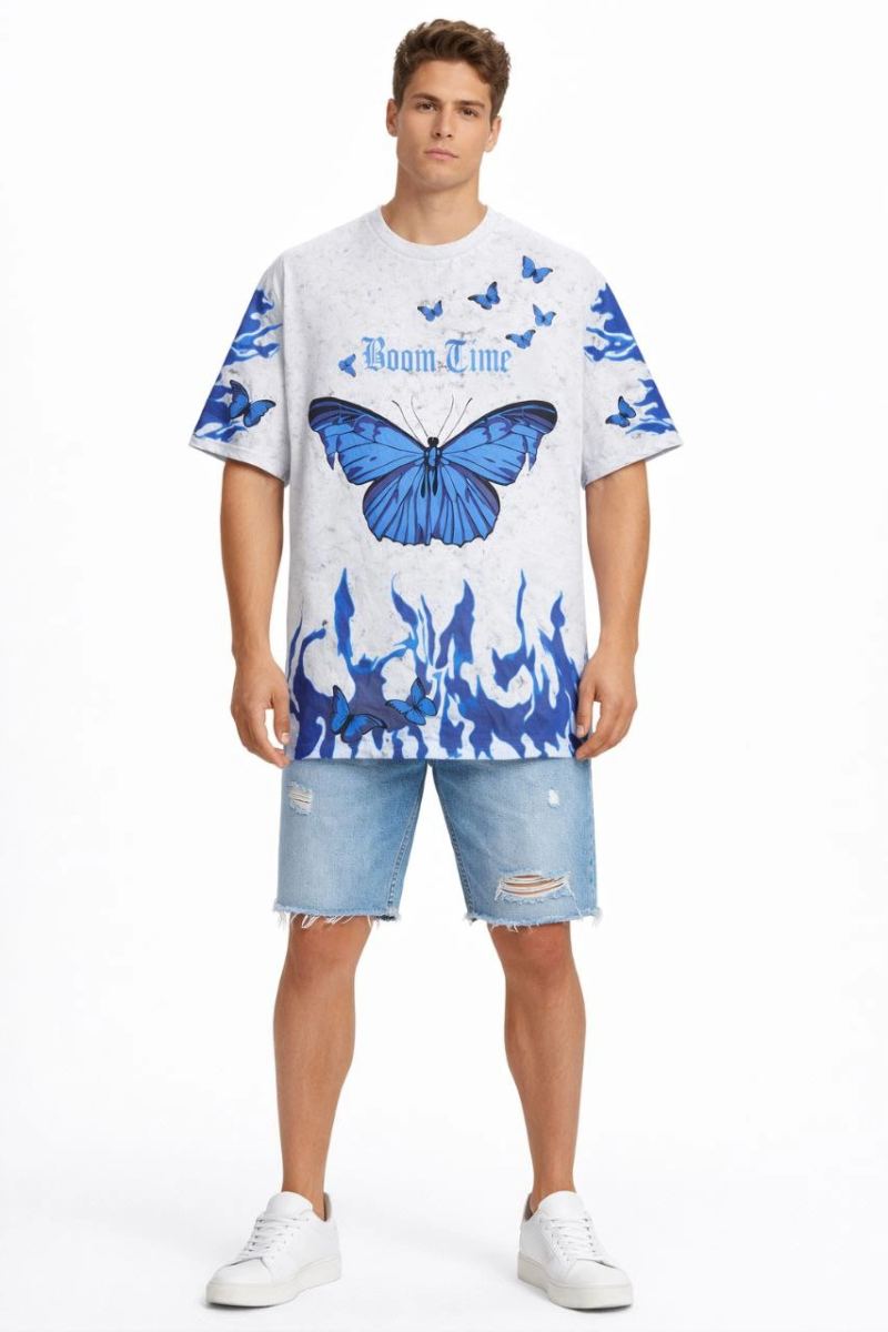 Erkek Asit Yıkamalı Oversize Tişört Bisiklet Yaka Kısa Kol T-shirt - Beyaz