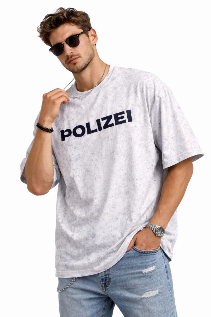 Erkek Asit Yıkamalı Oversize Tişört Bisiklet Yaka Kısa Kol T-shirt - Beyaz