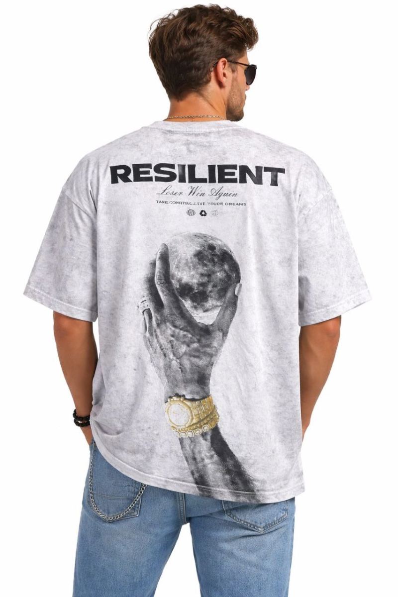 Erkek Asit Yıkamalı Oversize Tişört Bisiklet Yaka Kısa Kol T-shirt - Beyaz