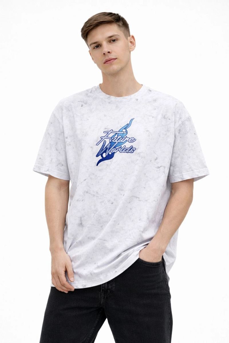 Erkek Asit Yıkamalı Oversize Tişört Bisiklet Yaka Kısa Kol T-shirt - Beyaz