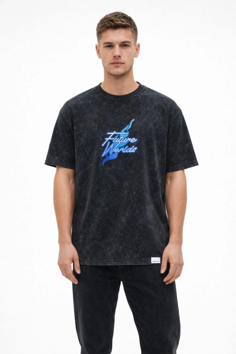 Erkek Asit Yıkamalı Oversize Tişört Bisiklet Yaka Kısa Kol T-shirt - Siyah