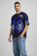 Erkek Oversize Tişört Dragon Kuru Kafa Baskılı Bisiklet Yaka T-Shirt - Lacivert