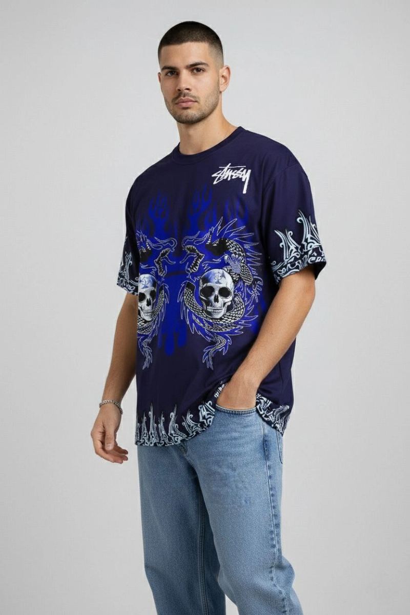 Erkek Oversize Tişört Dragon Kuru Kafa Baskılı Bisiklet Yaka T-Shirt - Lacivert