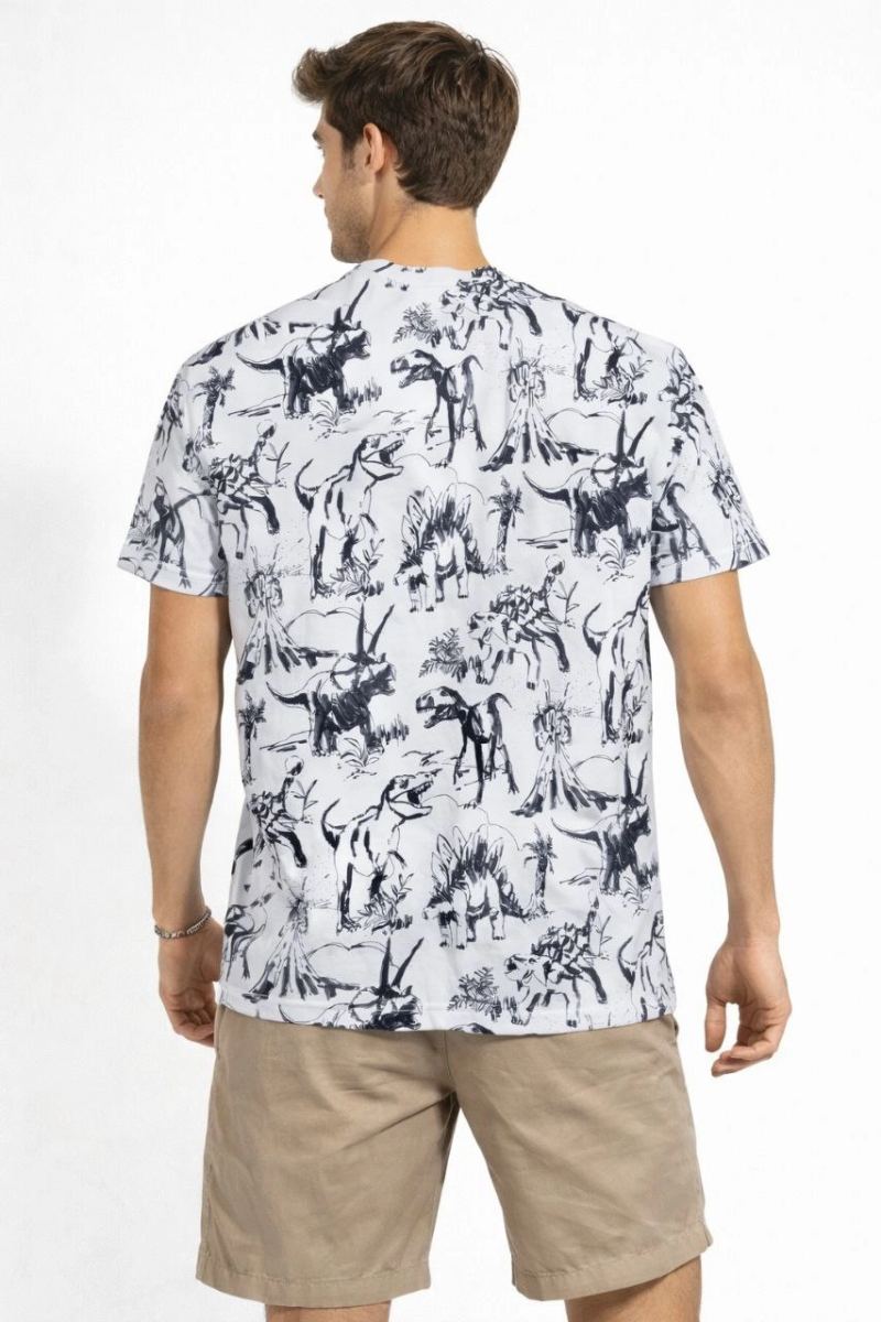 Erkek Dinozor Dijıtal ön ve arka Baskılı Tişört Bisiklet Yaka T-Shirt - Beyaz