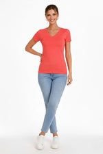 Kadın T-Shirt V Yaka Slim Fit Likralı Tişört Yazlık Basic Body - Nar Çiçeği
