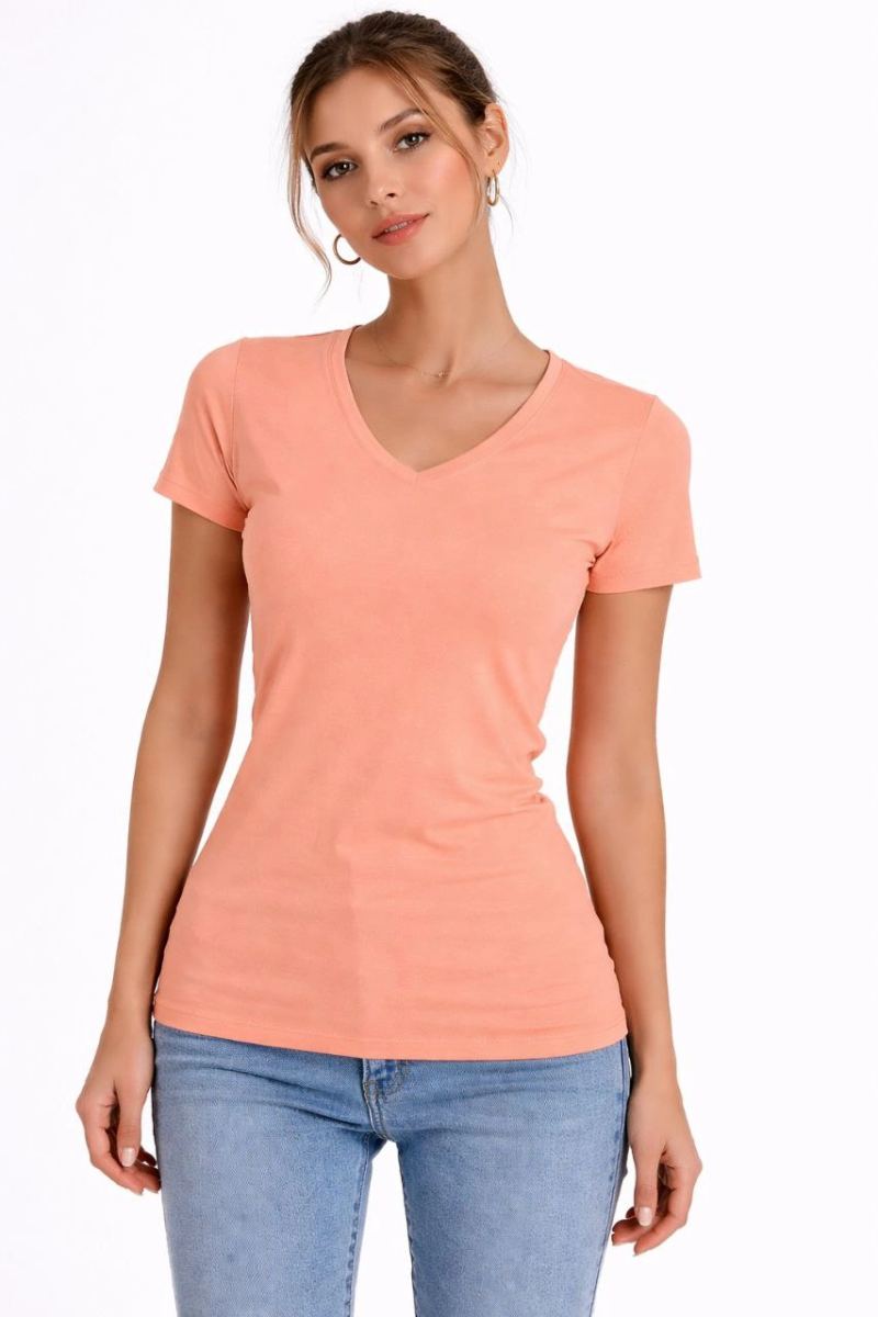 Kadın T-Shirt V Yaka Slim Fit Likralı Tişört Yazlık Basic Body - Toz Pembe