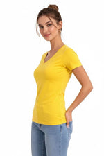 Kadın T-Shirt V Yaka Slim Fit Likralı Tişört Yazlık Basic Body - Sarı
