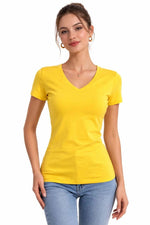 Kadın T-Shirt V Yaka Slim Fit Likralı Tişört Yazlık Basic Body - Sarı