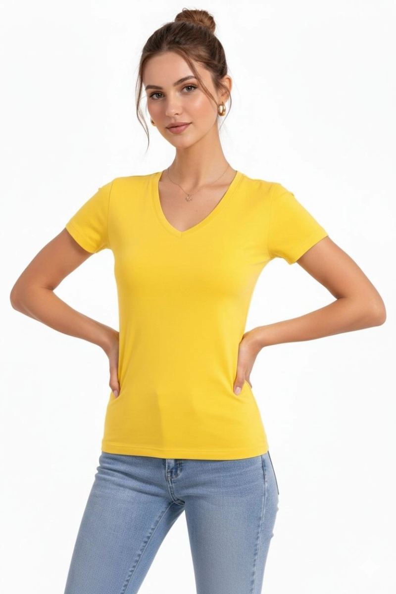 Kadın T-Shirt V Yaka Slim Fit Likralı Tişört Yazlık Basic Body - Sarı