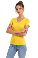 Kadın T-Shirt V Yaka Slim Fit Likralı Tişört Yazlık Basic Body - Sarı