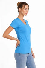 Kadın T-Shirt V Yaka Slim Fit Likralı Tişört Yazlık Basic Body - Açık Mavi