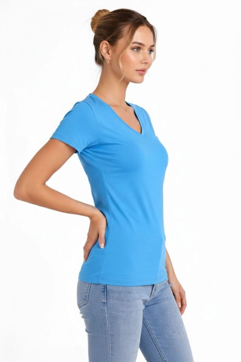 Kadın T-Shirt V Yaka Slim Fit Likralı Tişört Yazlık Basic Body - Açık Mavi