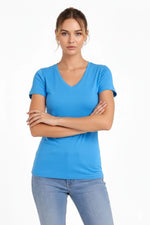 Kadın T-Shirt V Yaka Slim Fit Likralı Tişört Yazlık Basic Body - Açık Mavi