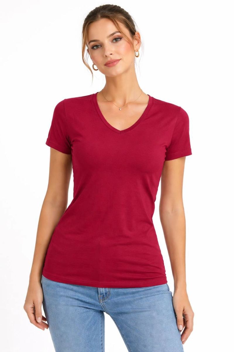 Kadın T-Shirt V Yaka Slim Fit Likralı Tişört Yazlık Basic Body - Kırmızı