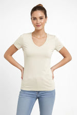 Kadın T-Shirt V Yaka Slim Fit Likralı Tişört Yazlık Basic Body - Taş