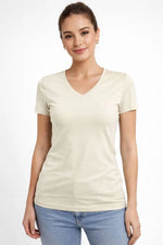 Kadın T-Shirt V Yaka Slim Fit Likralı Tişört Yazlık Basic Body - Taş