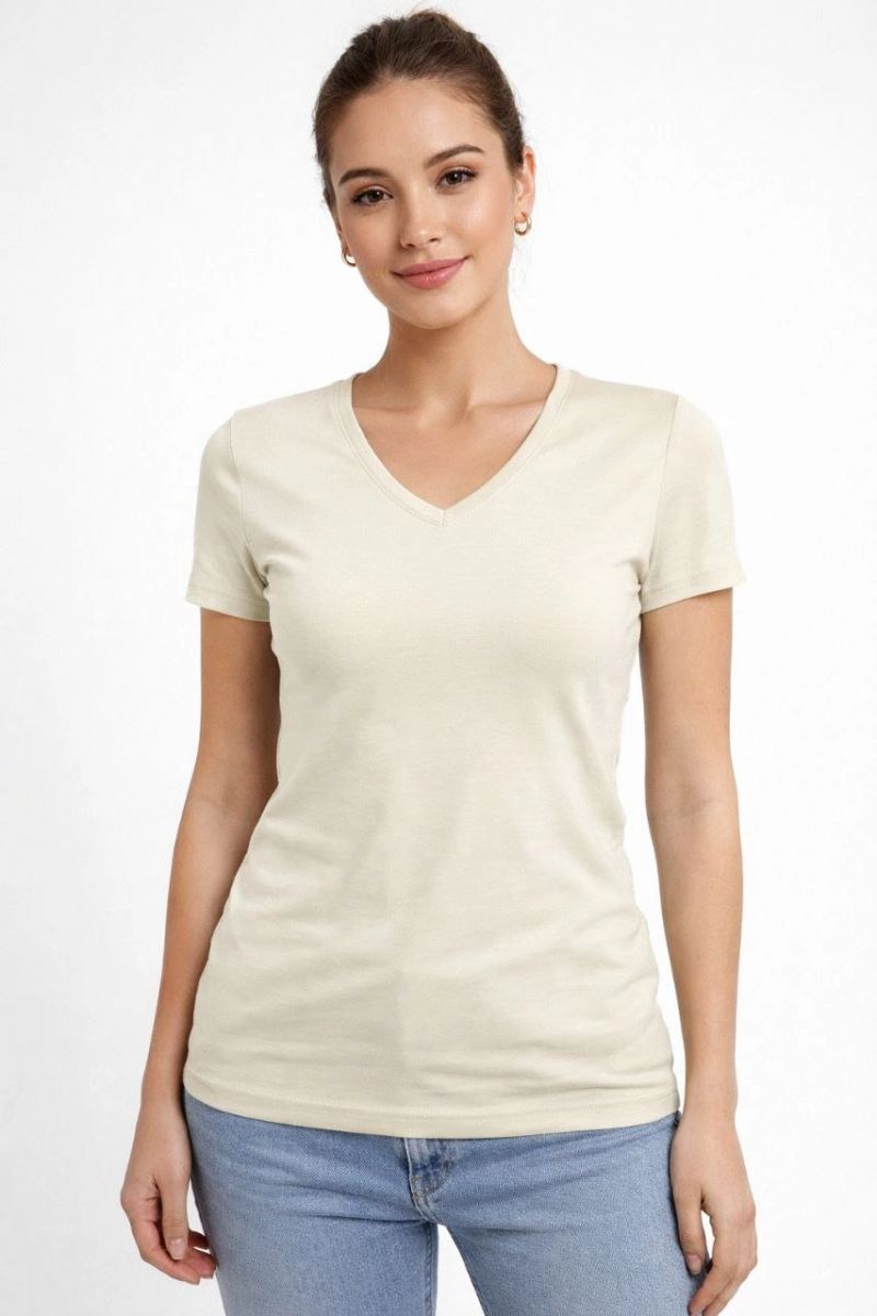 Kadın T-Shirt V Yaka Slim Fit Likralı Tişört Yazlık Basic Body - Taş