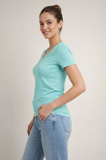 Kadın T-Shirt V Yaka Slim Fit Likralı Tişört Yazlık Basic Body - Turkuvaz