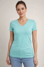 Kadın T-Shirt V Yaka Slim Fit Likralı Tişört Yazlık Basic Body - Turkuvaz