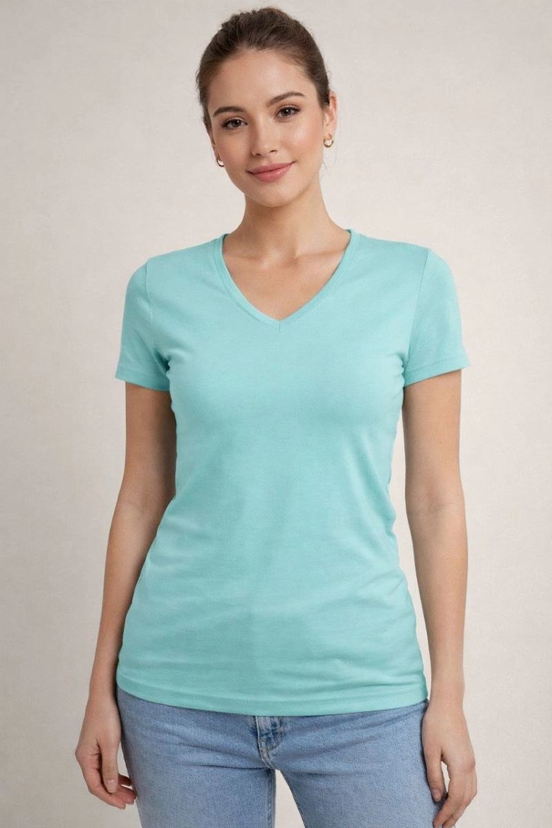 Kadın T-Shirt V Yaka Slim Fit Likralı Tişört Yazlık Basic Body - Turkuvaz