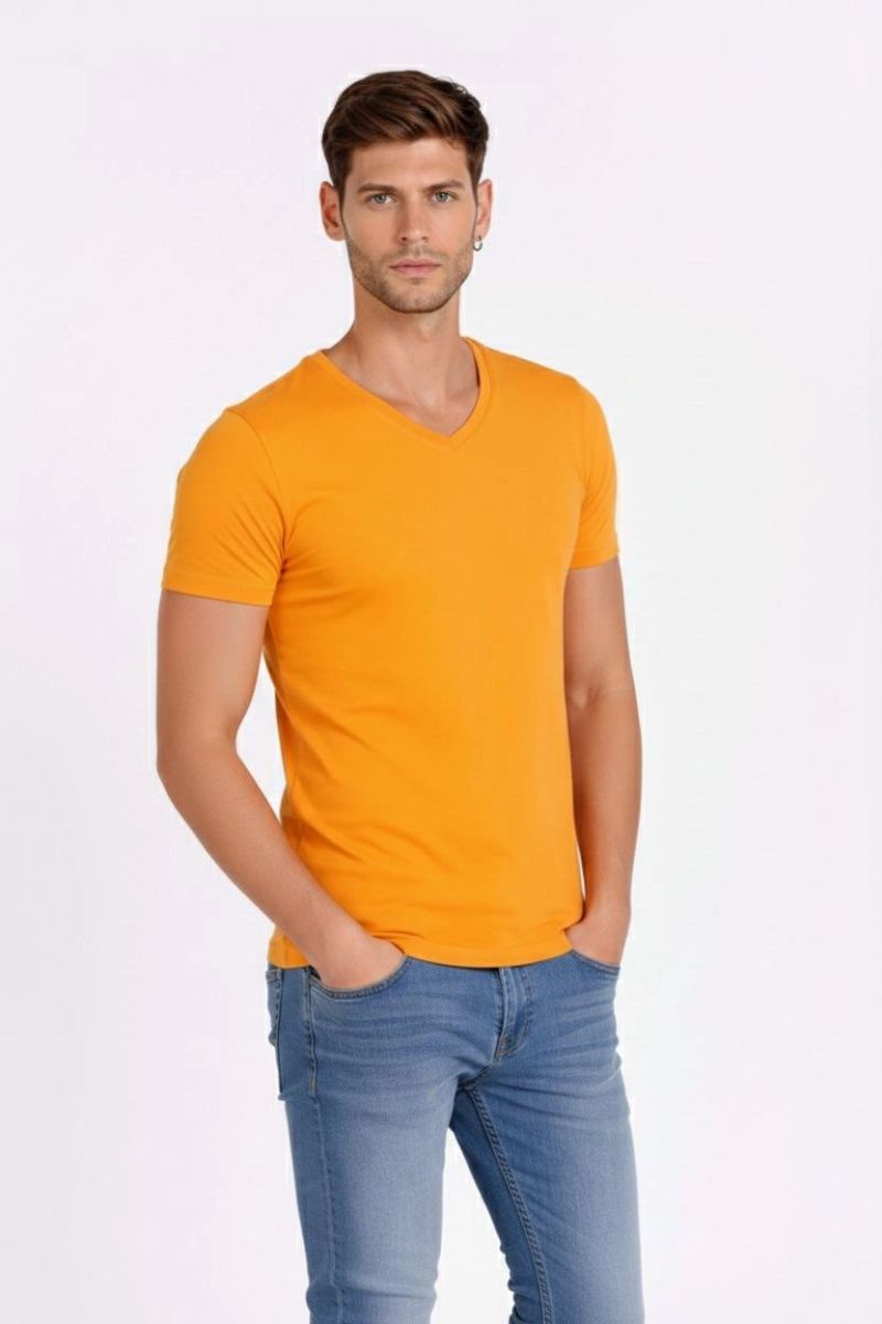 Erkek Body T-shirt V Yaka Slim Fit Likralı Kısa kol Tişört - Sarı