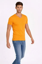 Erkek Body T-shirt V Yaka Slim Fit Likralı Kısa kol Tişört - Sarı