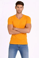 Erkek Body T-shirt V Yaka Slim Fit Likralı Kısa kol Tişört - Sarı