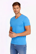 Erkek Body T-shirt V Yaka Slim Fit Likralı Kısa kol Tişört - Açık Mavi