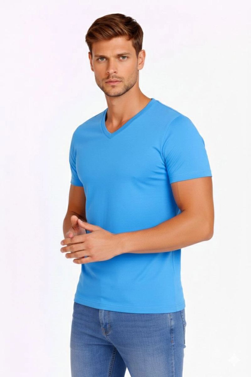 Erkek Body T-shirt V Yaka Slim Fit Likralı Kısa kol Tişört - Açık Mavi
