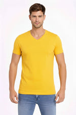 Erkek Body T-shirt V Yaka Slim Fit Likralı Kısa kol Tişört - Limon
