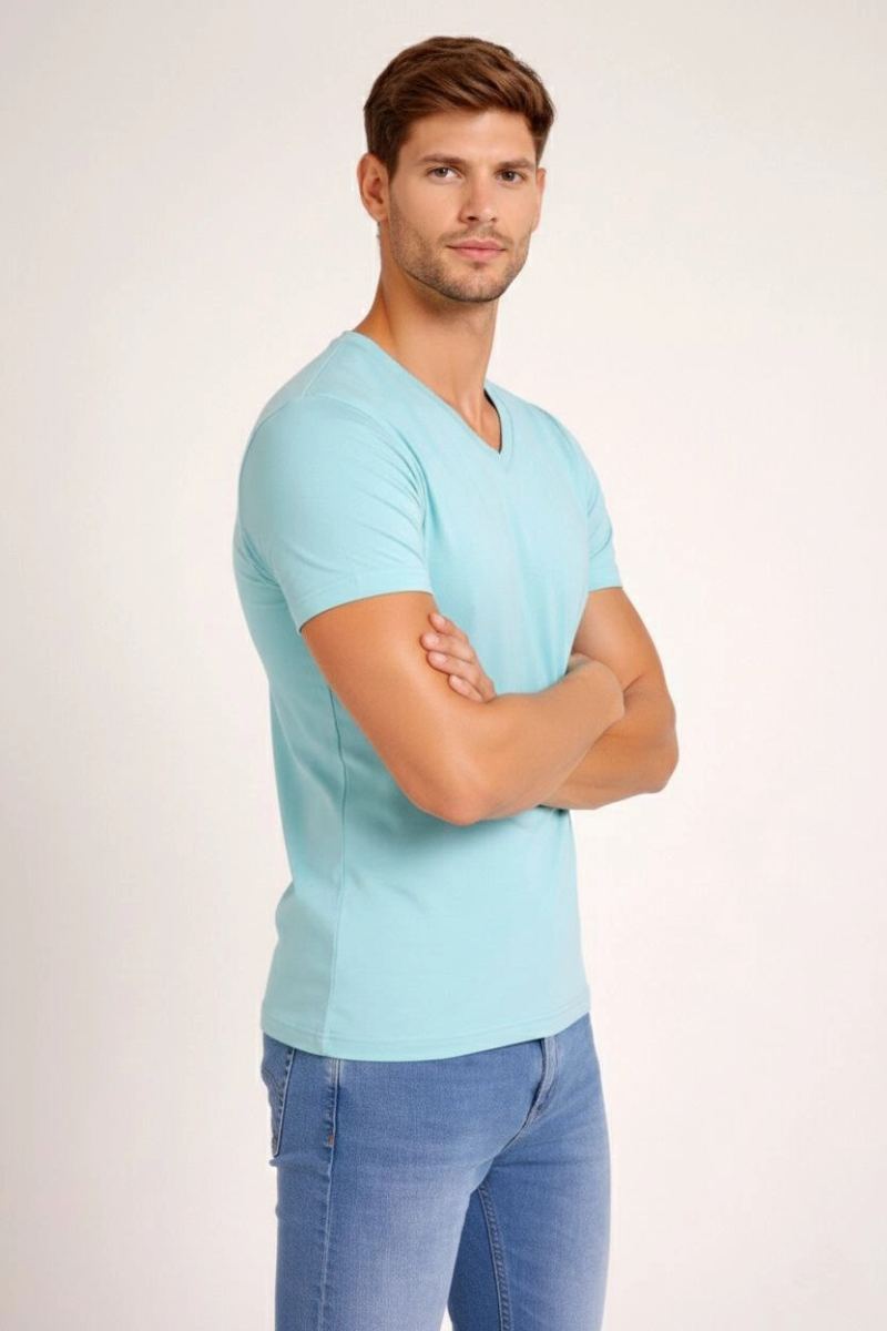 Erkek Body T-shirt V Yaka Slim Fit Likralı Kısa kol Tişört - Turkuvaz