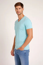 Erkek Body T-shirt V Yaka Slim Fit Likralı Kısa kol Tişört - Turkuvaz