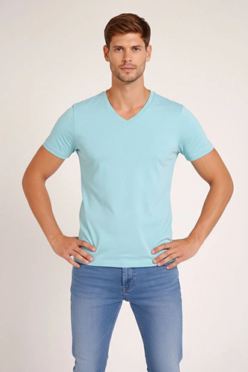 Erkek Body T-shirt V Yaka Slim Fit Likralı Kısa kol Tişört - Turkuvaz