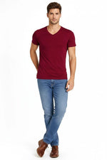 Erkek Body T-shirt V Yaka Slim Fit Likralı Kısa kol Tişört - Bordo