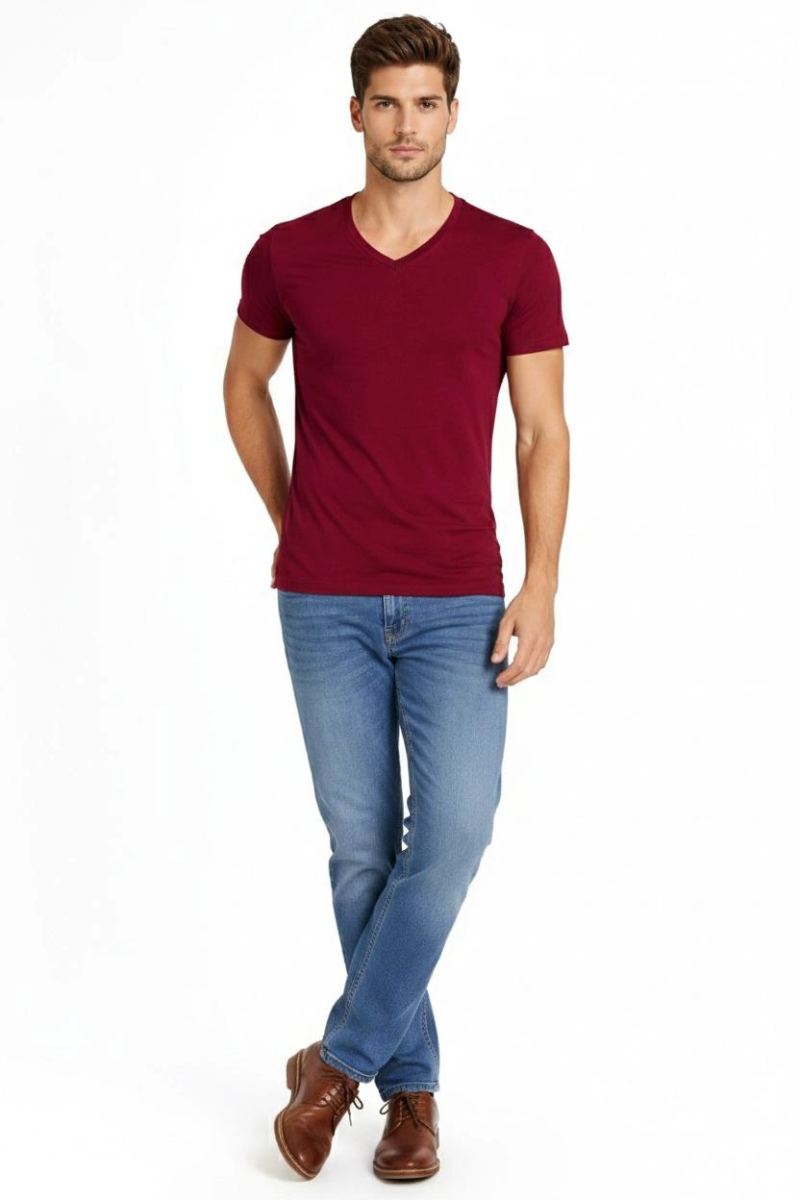 Erkek Body T-shirt V Yaka Slim Fit Likralı Kısa kol Tişört - Bordo