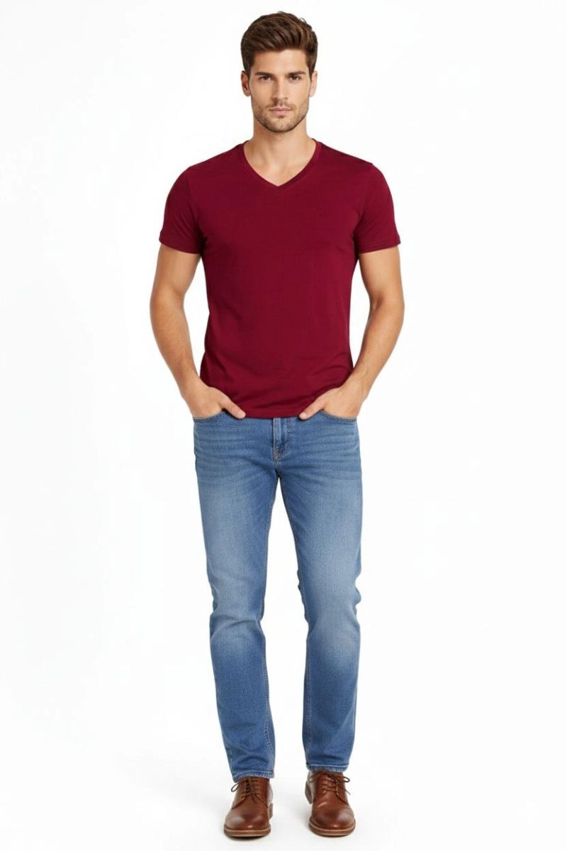 Erkek Body T-shirt V Yaka Slim Fit Likralı Kısa kol Tişört - Bordo