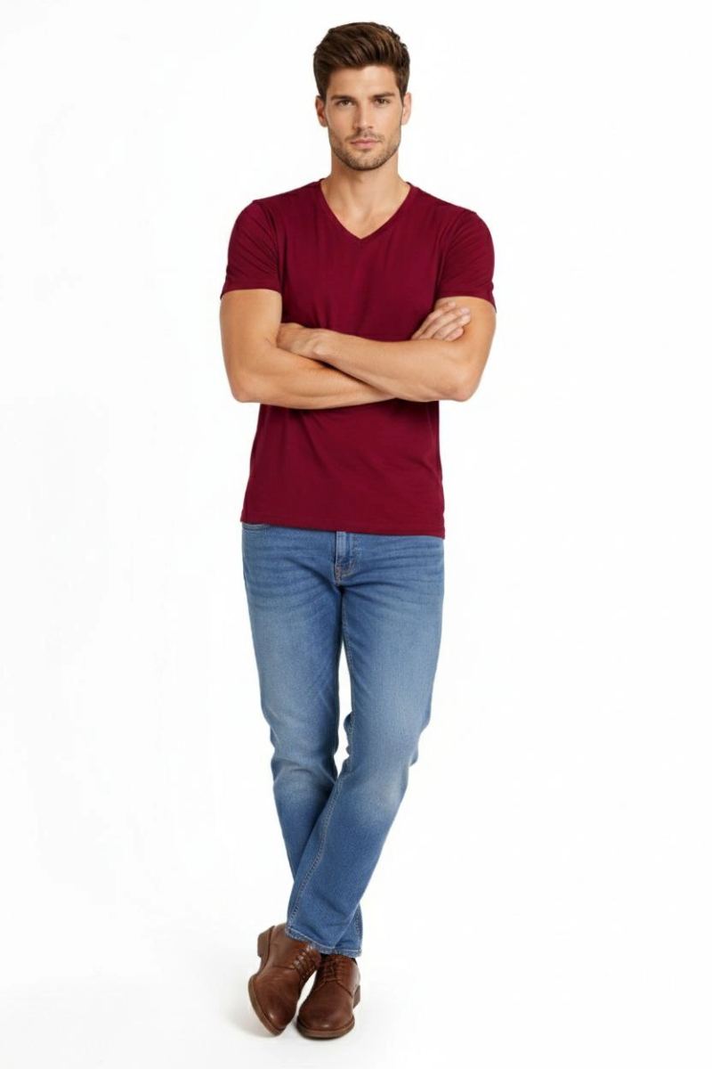Erkek Body T-shirt V Yaka Slim Fit Likralı Kısa kol Tişört - Bordo