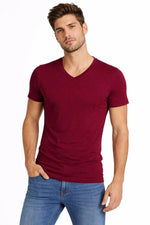 Erkek Body T-shirt V Yaka Slim Fit Likralı Kısa kol Tişört - Bordo