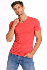 Erkek Body T-shirt V Yaka Slim Fit Likralı Kısa kol Tişört - Nar Çiçeği